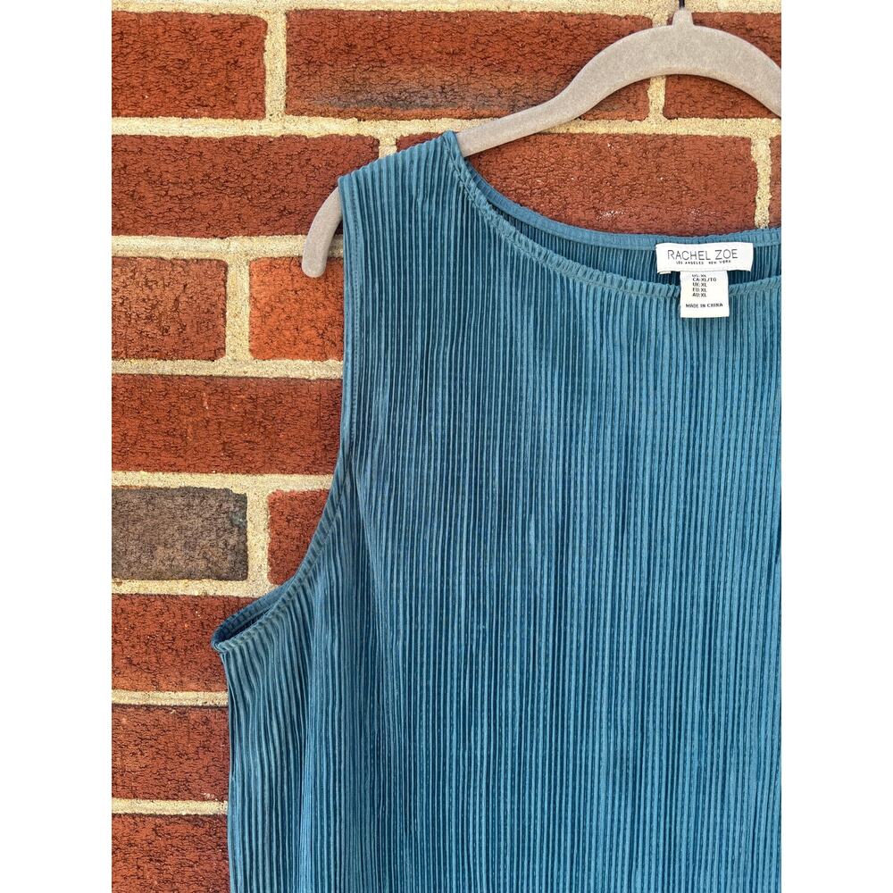 Rachel Zoe Blue Pleated Velvet Sleeveless Tank Top XL Textured Stretch Blouse - Picture 6 of 12